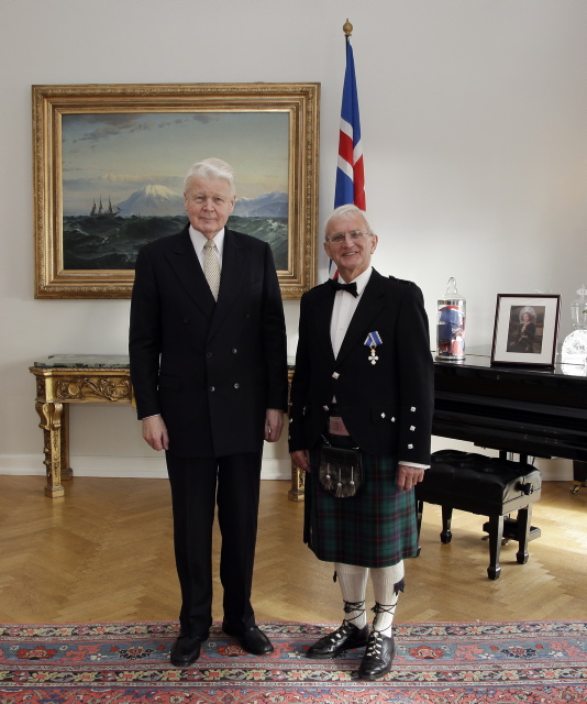 Roger Crofts after receiving the Knight's Cross of the Icelandic Order of the Falcon from the President of Iceland